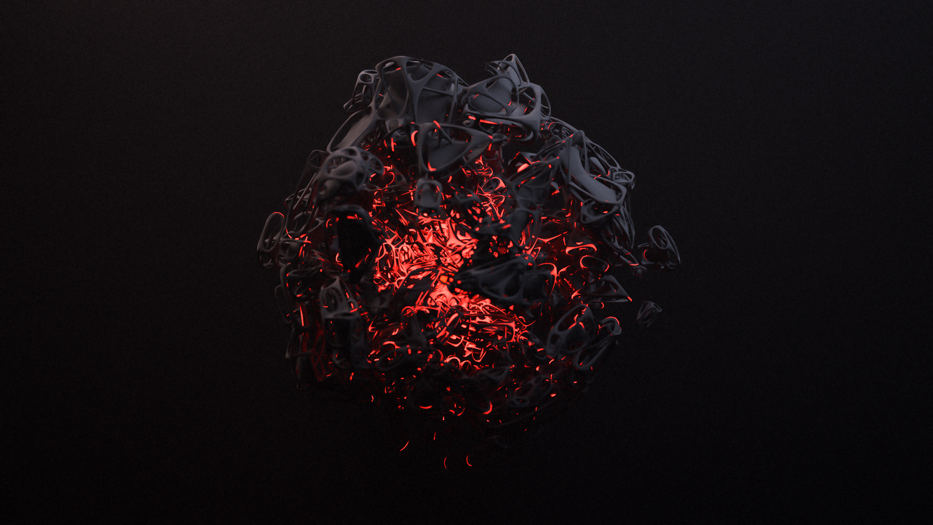 Concentrated red glowing light inside a spherical mass of curvy soft dark gray shapes.